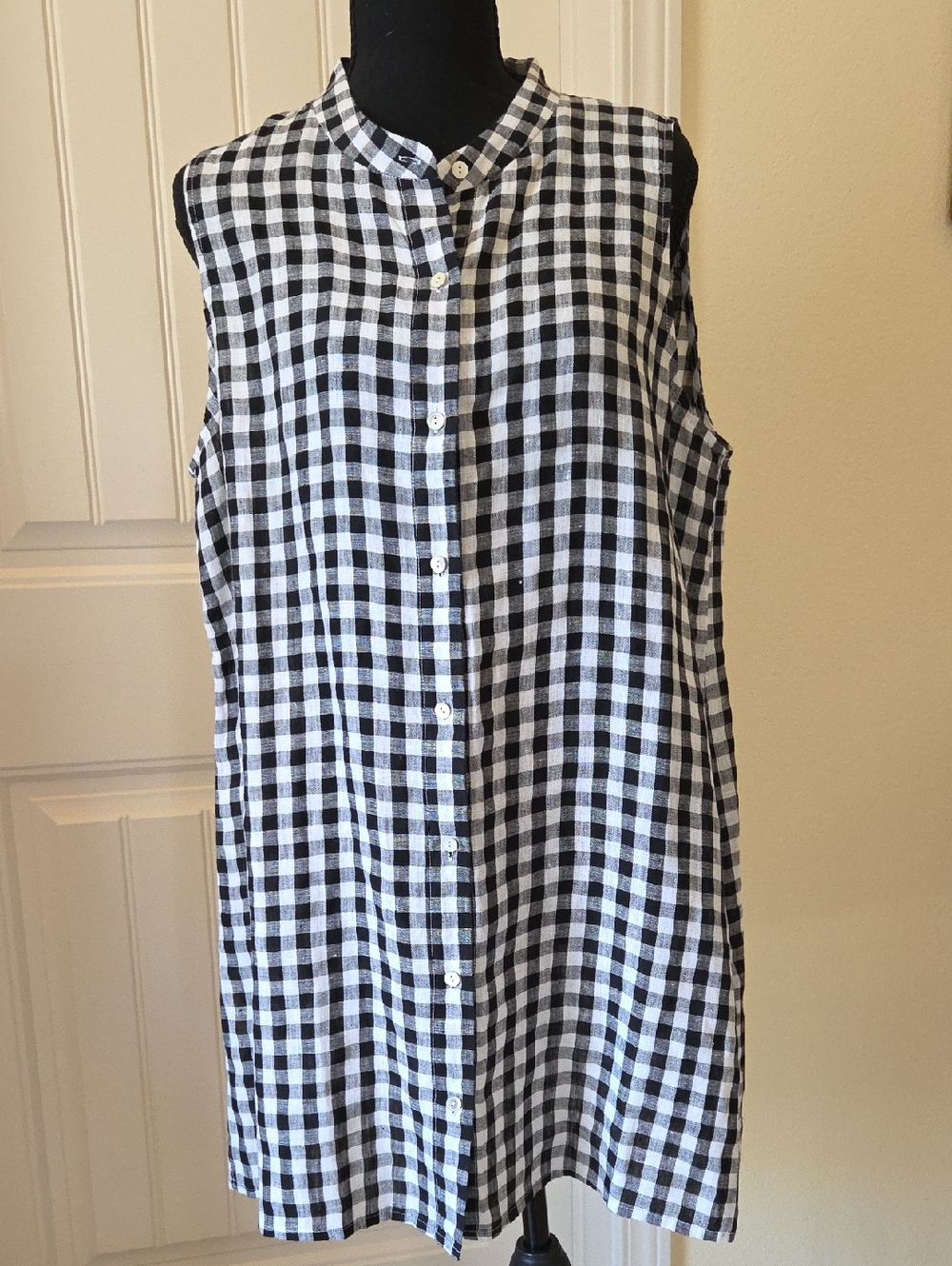 Eileen Fisher Gingham Organic Linen Sleeveless Tunic Black/White, Size M